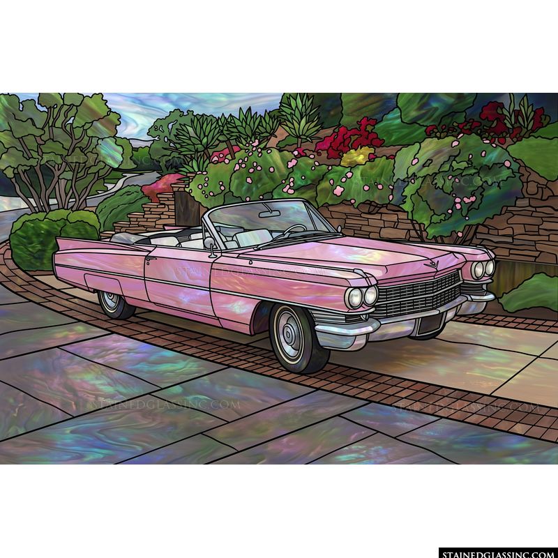 Classic Pink Convertible in a Lush Garden