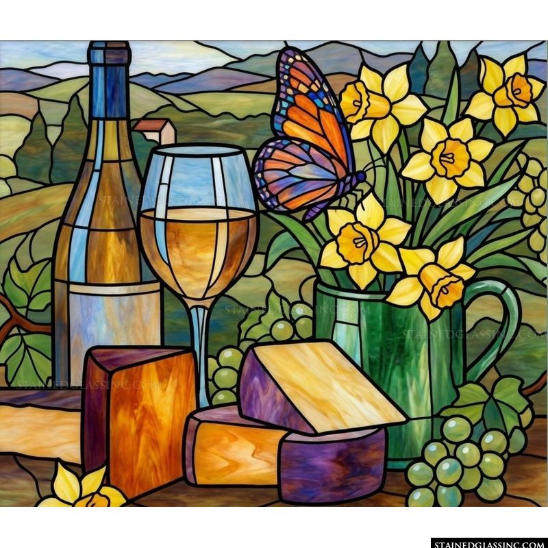 Vineyard Still Life with Butterfly and Daffodils