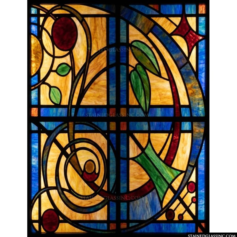 Art Nouveau Floral Abstract in Amber and Blue