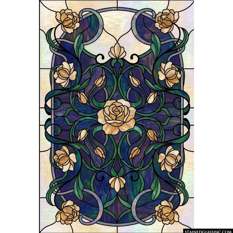 Art Nouveau Rose Garden in Cream and Cobalt