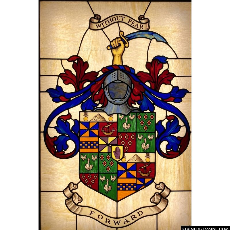 Family Heraldic Crest with Rooster and Mountain