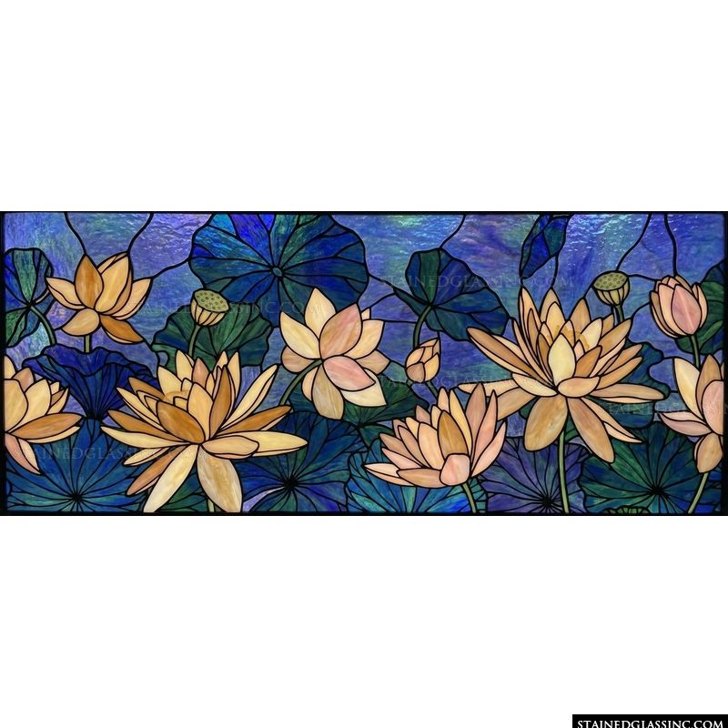 Golden Lotus Blooms on Deep Blue Pond
