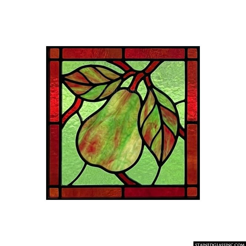 Pear with Leaves in Green and Red