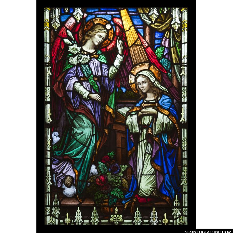 Tha Annunciation to Mary is depicted in stunning stained glass. 