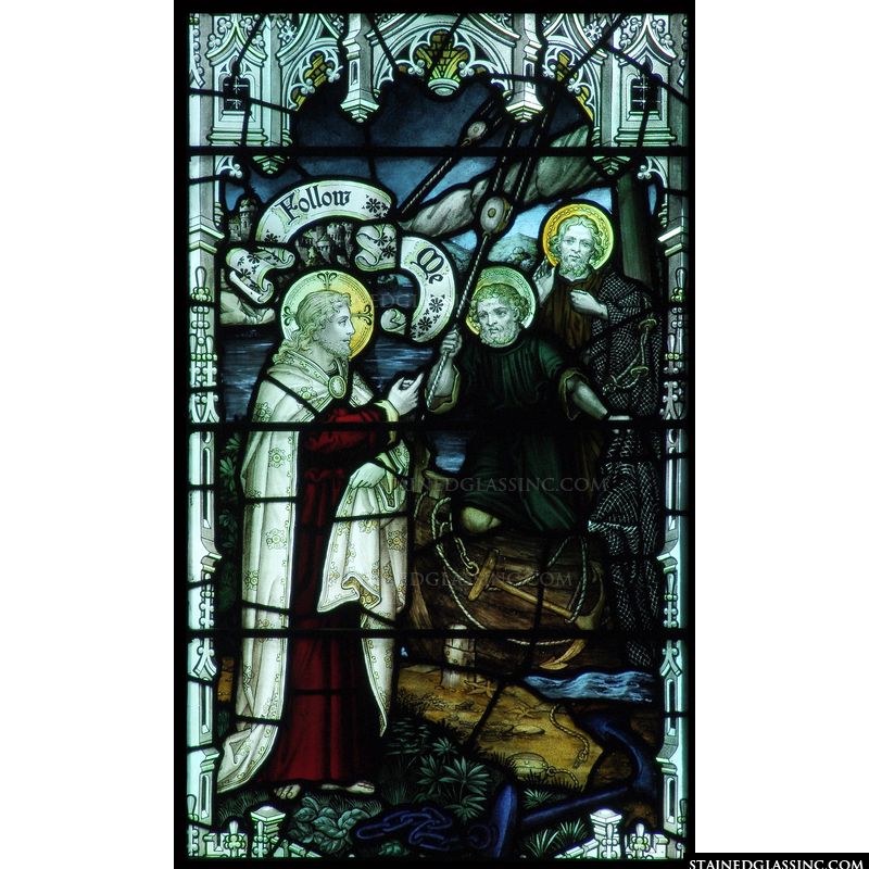 This cathedral style stained glass window features Jesus calling Andrew and Peter to follow Him. 