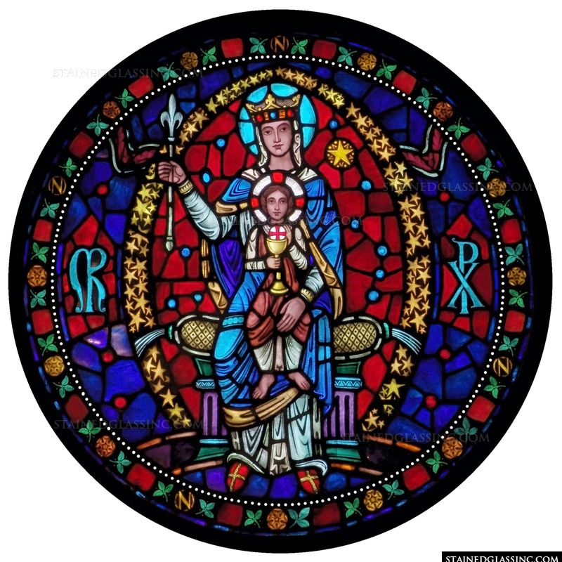 A rose window with Mary and Jesus. 