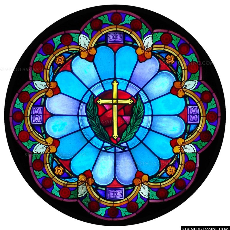 The cross is pictured in this rose window. 