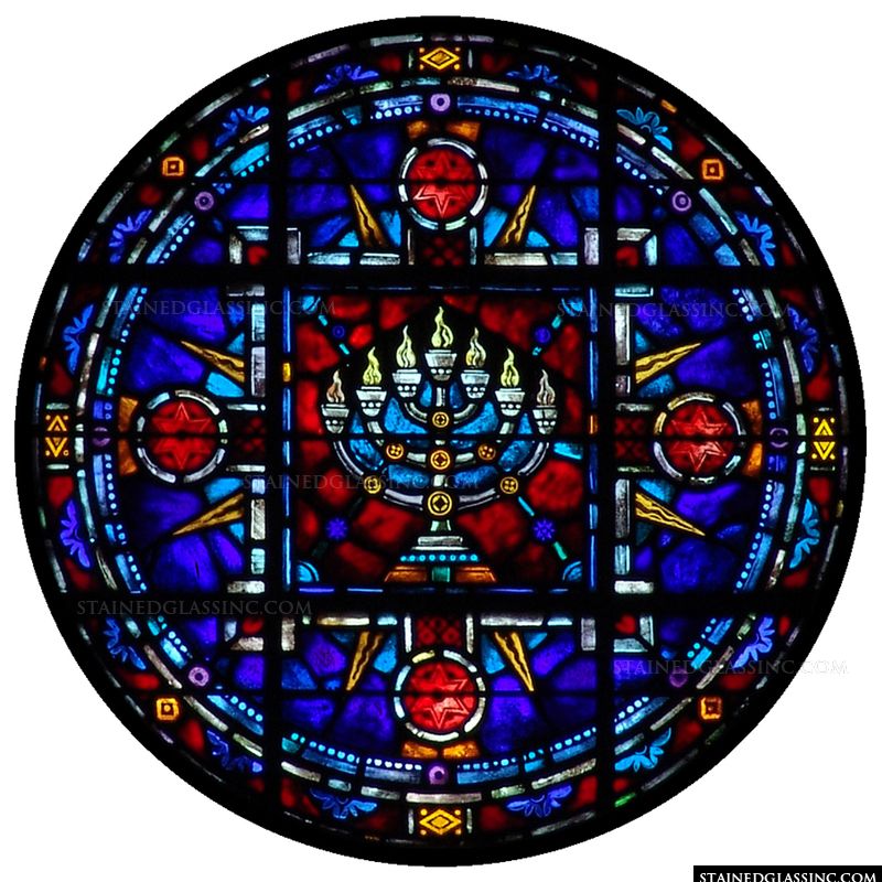 A colorful stained glass panel featuring a menorah.