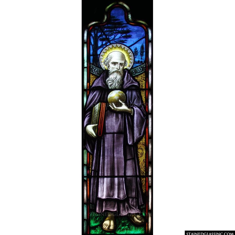 A colorful depiction of St. Albert the Great in stained glass. 