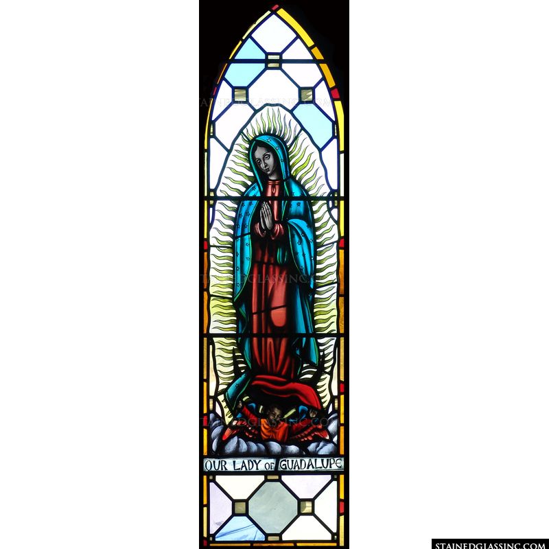 Stained glass design featuring Our Lady of Guadalupe 