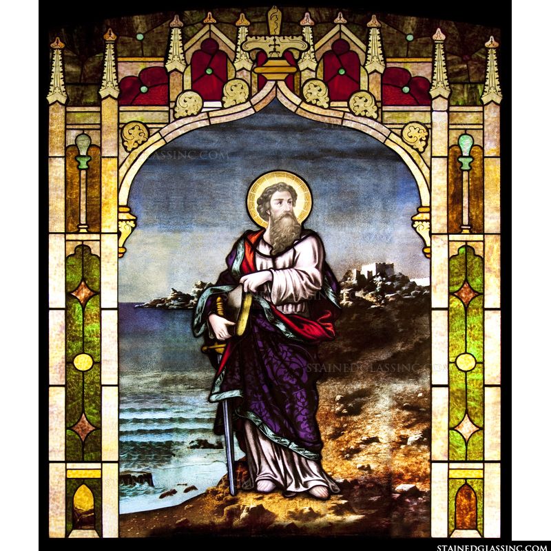 Stained glass depiction of Saint Paul. 