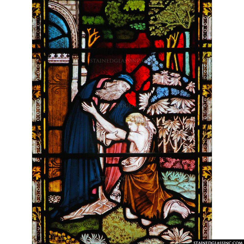 The parable of the Prodigal Son in shown in this stained glass window panel. 