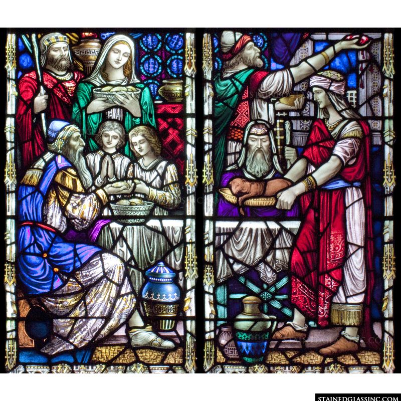 This stained glass window features Passover. 