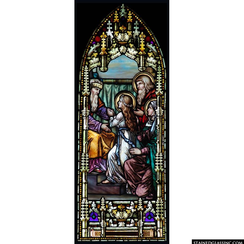 The Presentation of Mary is illustrated in stained glass. 