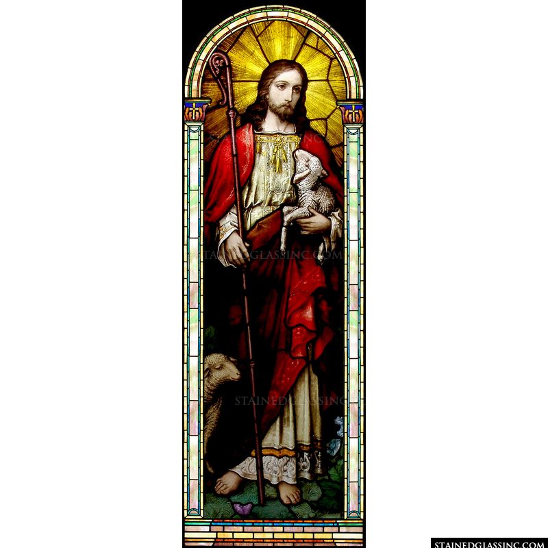 This glorious stained glass artwork depicts Christ as the Good Shepherd. 