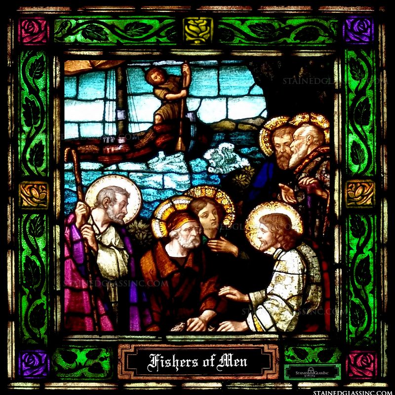 Stained glass image of Jesus by the Sea of Galilee. 