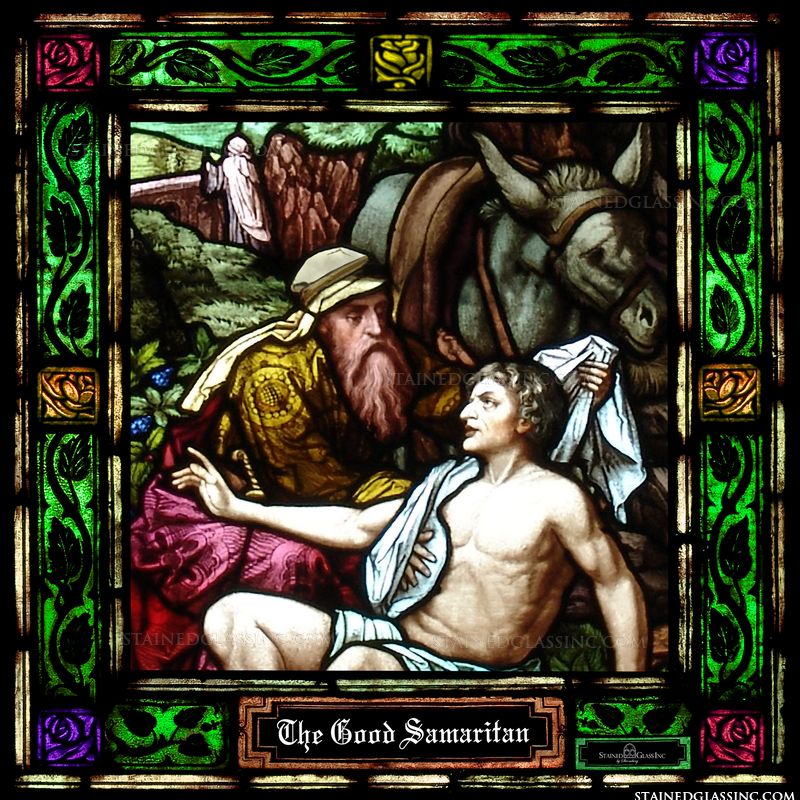 The parable of the Good Samaritan is illustrated in stained glass. 