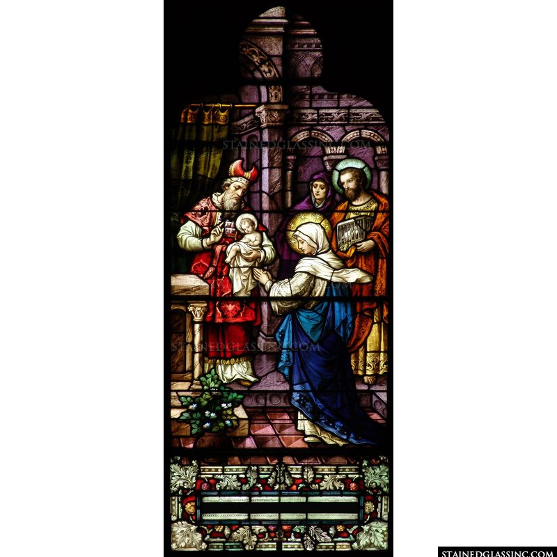 Simeon holds Jesus as Mary and Joseph look on in this colorful stained glass image. 