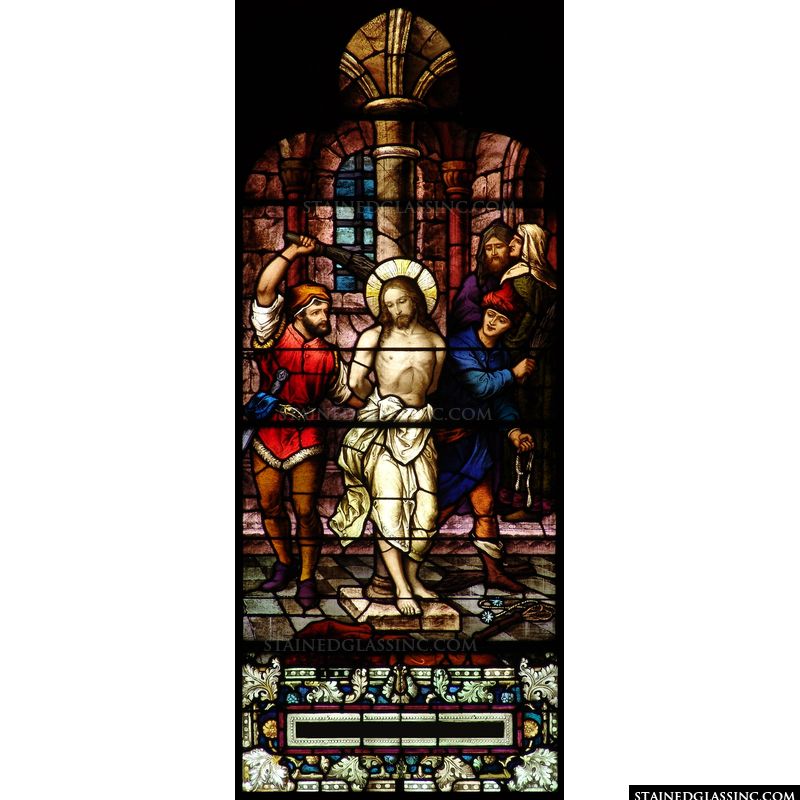 Christ's passion is portrayed in this stained glass depiction of His beating. 