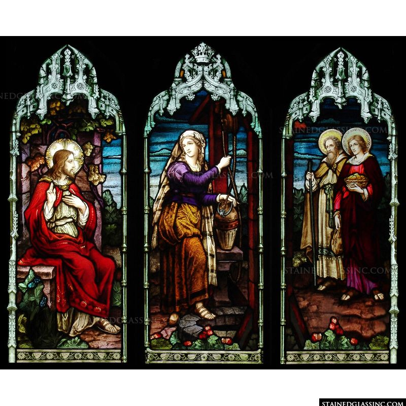 Jesus is pictured with the woman at the well in this Gothic stained glass artwork. 