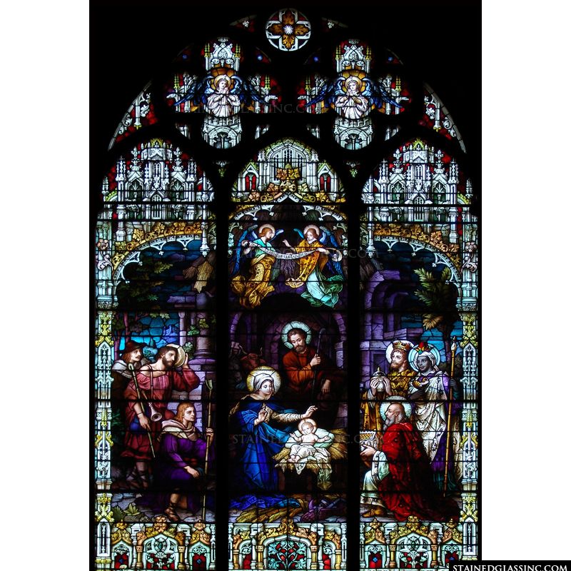 This glorious stained glass panel illustrates the Nativity in the Gothic style. 