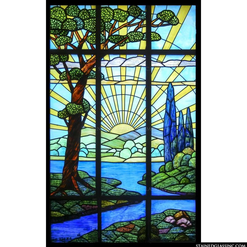 20.75" x 34.5" Handcrafted stained glass window panel Orange Dawn in Valley 