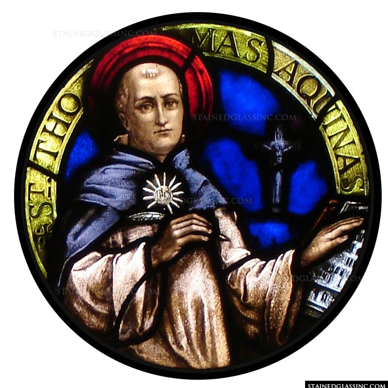 Stained glass window featuring St. Thomas Aquinas. 