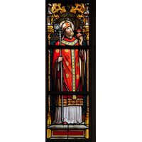 Bishop, crozier, red vestments, mitre, pastoral artwork stained glass, gothic,