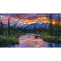 Grizzly Bear in Mountain River at Sunset