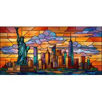 Statue of Liberty and New York Skyline at Sunset