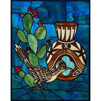 Roadrunner and Cactus with Southwestern Pottery