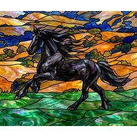 Galloping Black Stallion in Vibrant Field