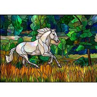 Galloping White Horse in Woodland Meadow