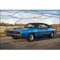 Classic Blue Muscle Car on the Open Road