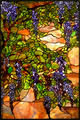 Wisteria vines are illustrated on a marblesque background