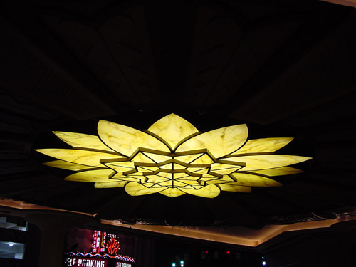 Stained glass panels are fitted together to form the shape of a flower