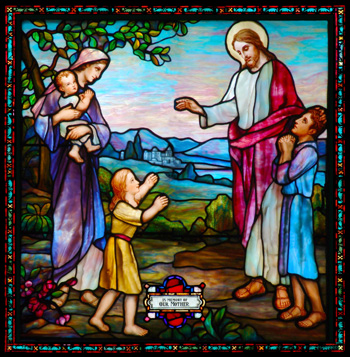 This stained glass image of Christ blessing the little children will make a beautiful stained glass memorial for your church or home.