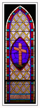 A geometric stained glass window with an arch and a cross