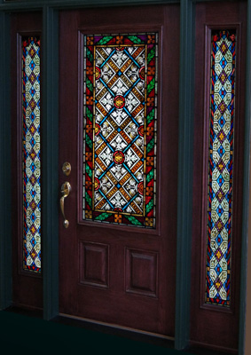 A door is pictured with colorful stained glass sidelights