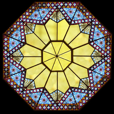 A colorful stained glass skylight cover.