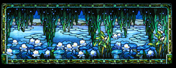 A beautiful Tiffany window panel featuring a lake and water lilies.