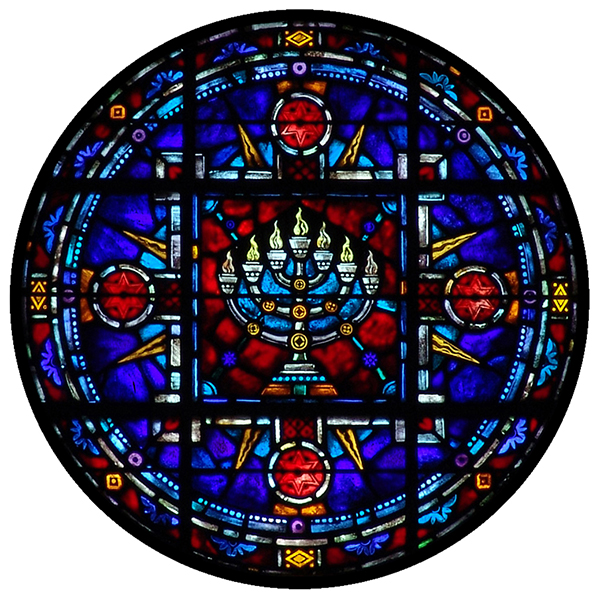 A colorful stained glass panel featuring a menorah.