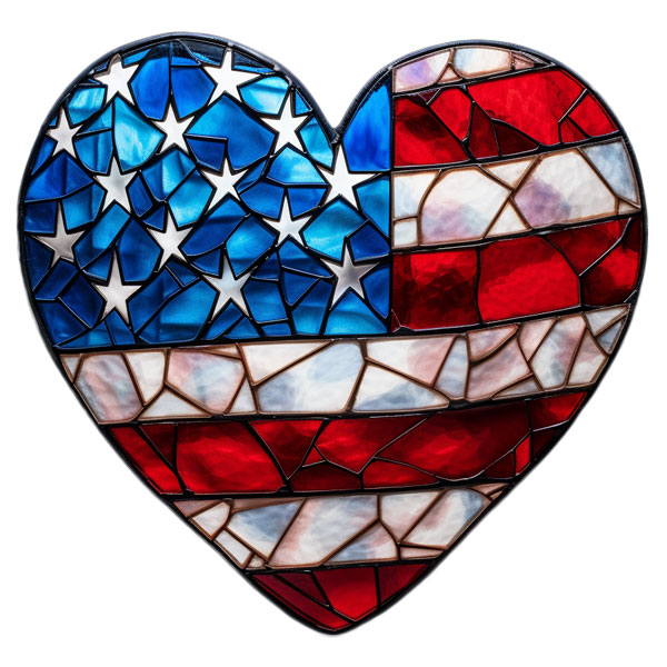 Heart-shaped stained glass textured like the U.S. flag